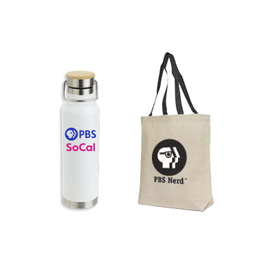 PBS SoCal Cusano Bottle and PBS Nerd Tote