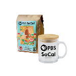 PBS SoCal Glass Mug/Bamboo Lid + Dean's Beans 8 oz. Coffee Bag
